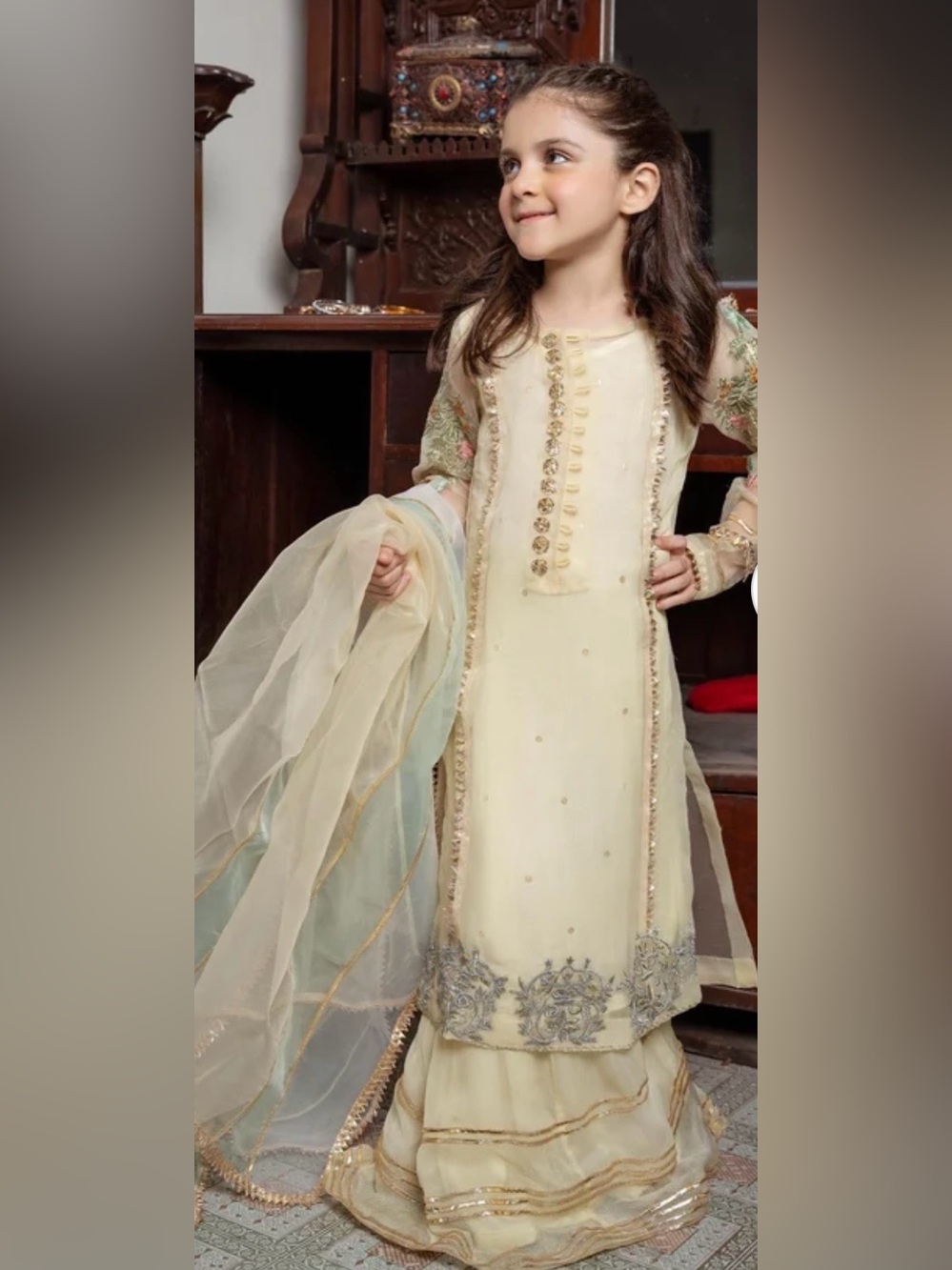 Hem Cream Embroidered Formal Girls Dress with Sheer Dupatta - Picture 5 of 14